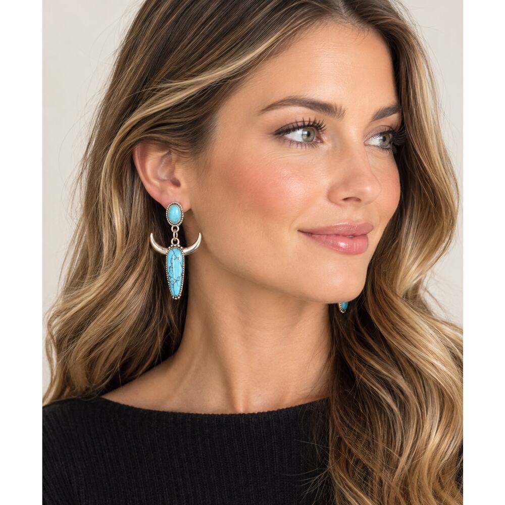 Turquoise Western Bull Head Earrings Silver Tone Cow Skull Dangle Statement Boho - Picture 8 of 8